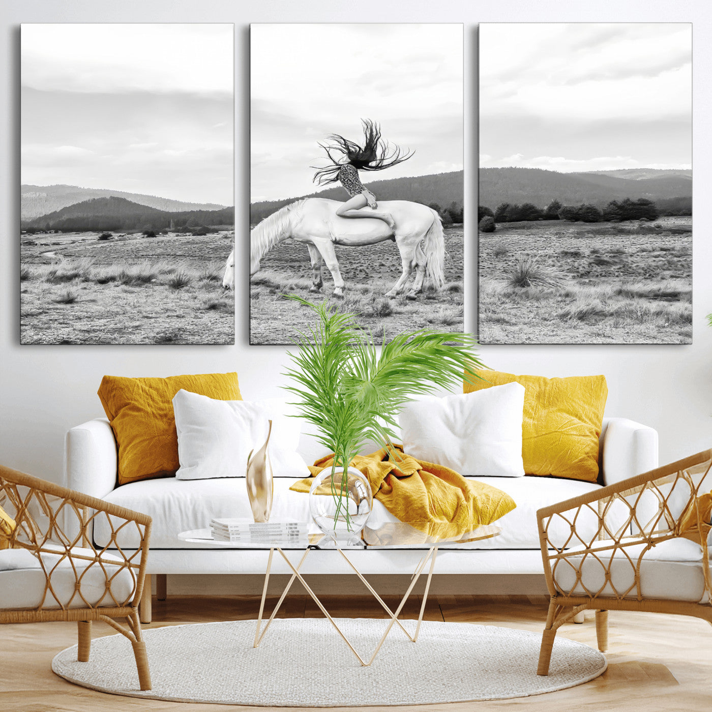 62789800-MGV-CV-36X24-White Horse Wall Art Canvas Print, Framed Woman Rider Art Picture Print, Equestrian Pose Perfect Western Boho Decor Artwork