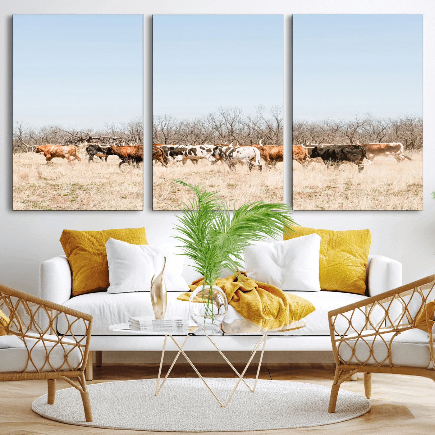 16563092-MGV-CV-36X24-Texas Longhorns Wall Art Canvas Print, Framed Western Cattles Art Picture Print, Rustic Herd Perfect Rustic Farmhouse Decor