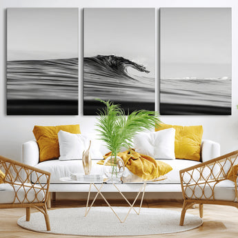 24029476-MGV-CV-36X24-Black Wave Wall Art Canvas Print, Framed Abstract Surf Art Picture Print, Minimalist Ocean Perfect Minimalist Coastal Decor