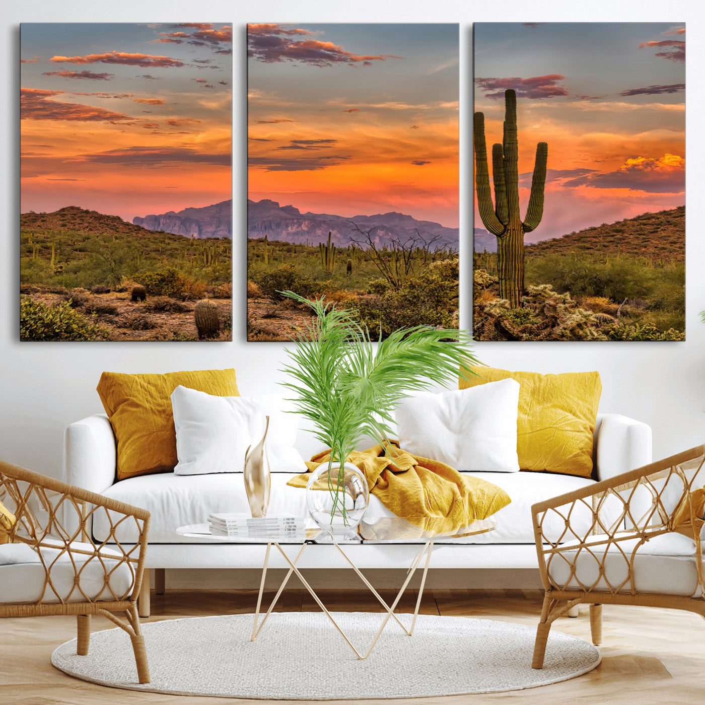 25332783-MGV-CV-36X24-Saguaro Cactus Wall Art Canvas Print, Framed Arizona Sunset Art Picture Print, Sonoran Desert Perfect Southwestern Boho Decor