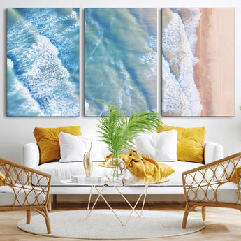 17641845-MGV-CV-36X24-Aerial Ocean Wall Art Canvas Print, Framed Blue Waves Art Picture Print, Sandy Shoreline Perfect Modern Coastal Decor Artwork