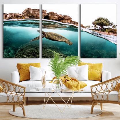44200301-MGV-CV-36X24-Sea Turtle Swim Wall Art Canvas Print, Framed Ocean Life Art Picture Print, Tropical Shoreline Perfect Tropical Coastal Decor