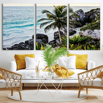 94669907-MGV-CV-36X24-Tropical Coastline Wall Art Canvas Print, Framed Palm Tree Art Picture Print, Rocky Beach Perfect Tropical Coastal Decor Artwork