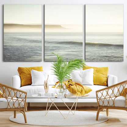 39310633-MGV-CV-60X30-3P-Coastal Cliffs Wall Art Canvas Print, Framed Misty Ocean Art Picture Print, Morning Light Perfect Minimalistic Coastal Decor