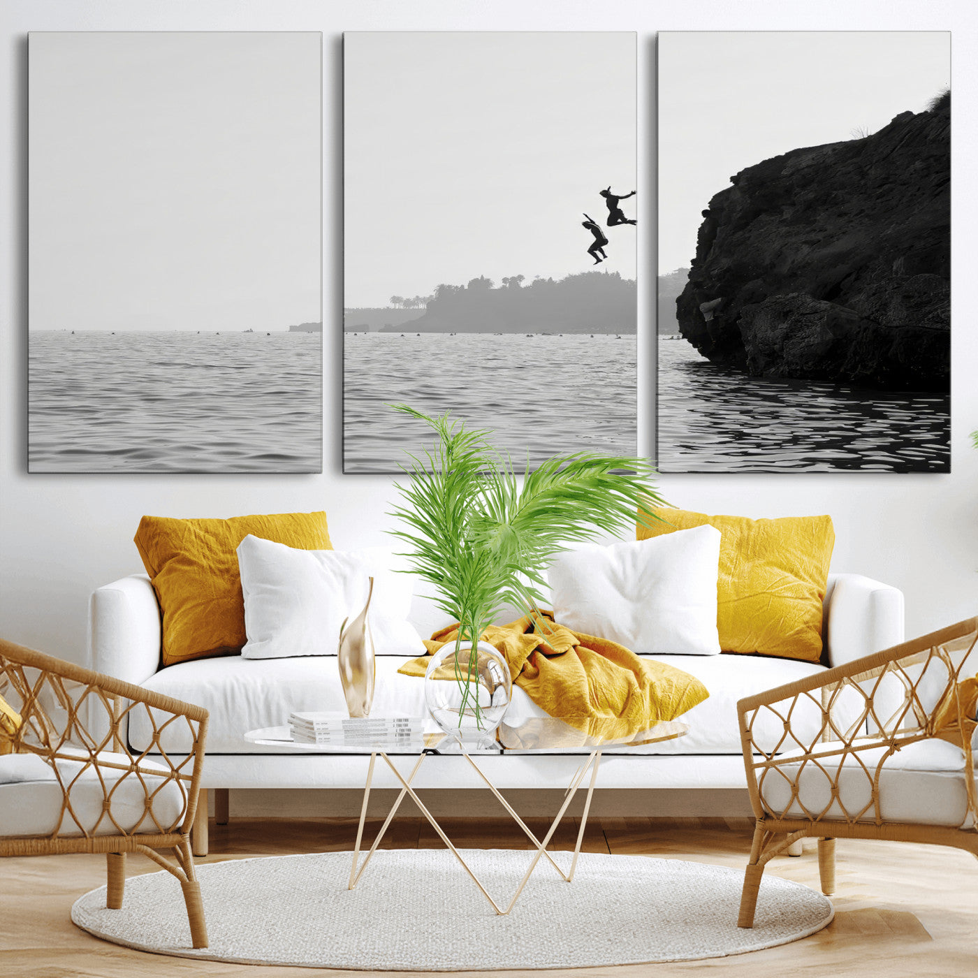 52284302-MGV-CV-36X24-Cliff Jumping Wall Art Canvas Print, Framed Ocean Adventure Art Picture Print, Black White Coast Perfect Modern Coastal Decor