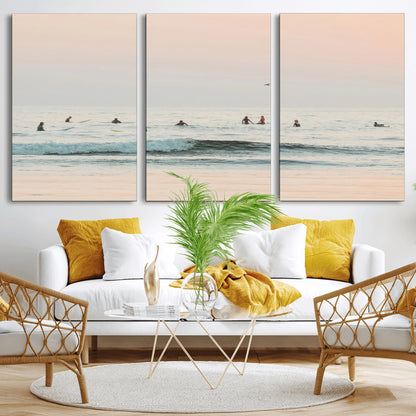 98888919-MGV-CV-60X30-3P-Pastel Ocean Wall Art Canvas Print, Framed Soft Sunset Swimming Art Picture Print, Calm Sea Horizon Perfect Soft Coastal