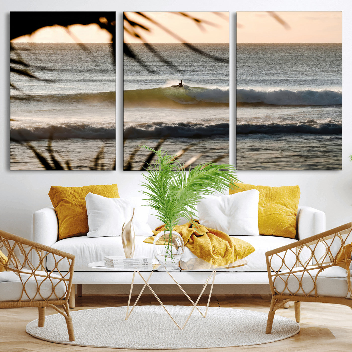 24896468-MGV-CV-36X24-Sunset Surf Wall Art Canvas Print, Framed Golden Waves Art Picture Print, Tropical Ocean Perfect Tropical Boho Decor Artwork