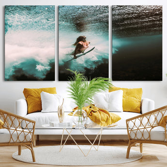 85923512-MGV-CV-36X24-Aquatic Motion Wall Art Canvas Print, Framed Underwater Swimming Art Picture Print, Female Surfer Diving Perfect Coastal Boho