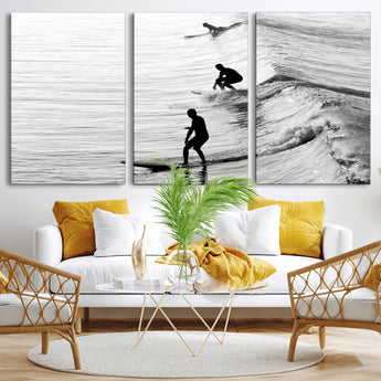 19875284-MGV-CV-36X24-Surfer Waves Wall Art Canvas Print, Framed Black White Surf Art Picture Print, Monochrome Ocean Perfect Modern Coastal Decor