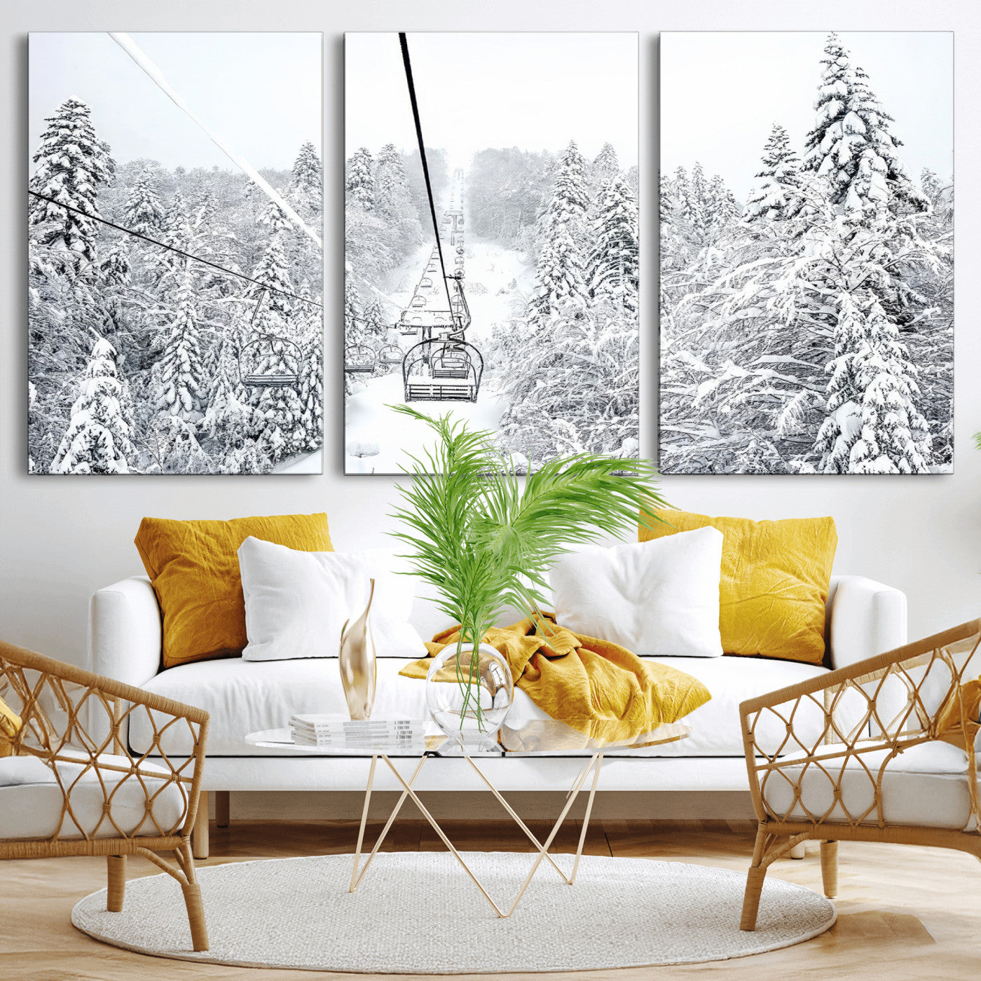 44705668-MGV-CV-36X24-Winter Forest Wall Art Canvas Print, Framed Snowy Forest Art Picture Print, Ski Lift Perfect Scandinavian Decor Artwork