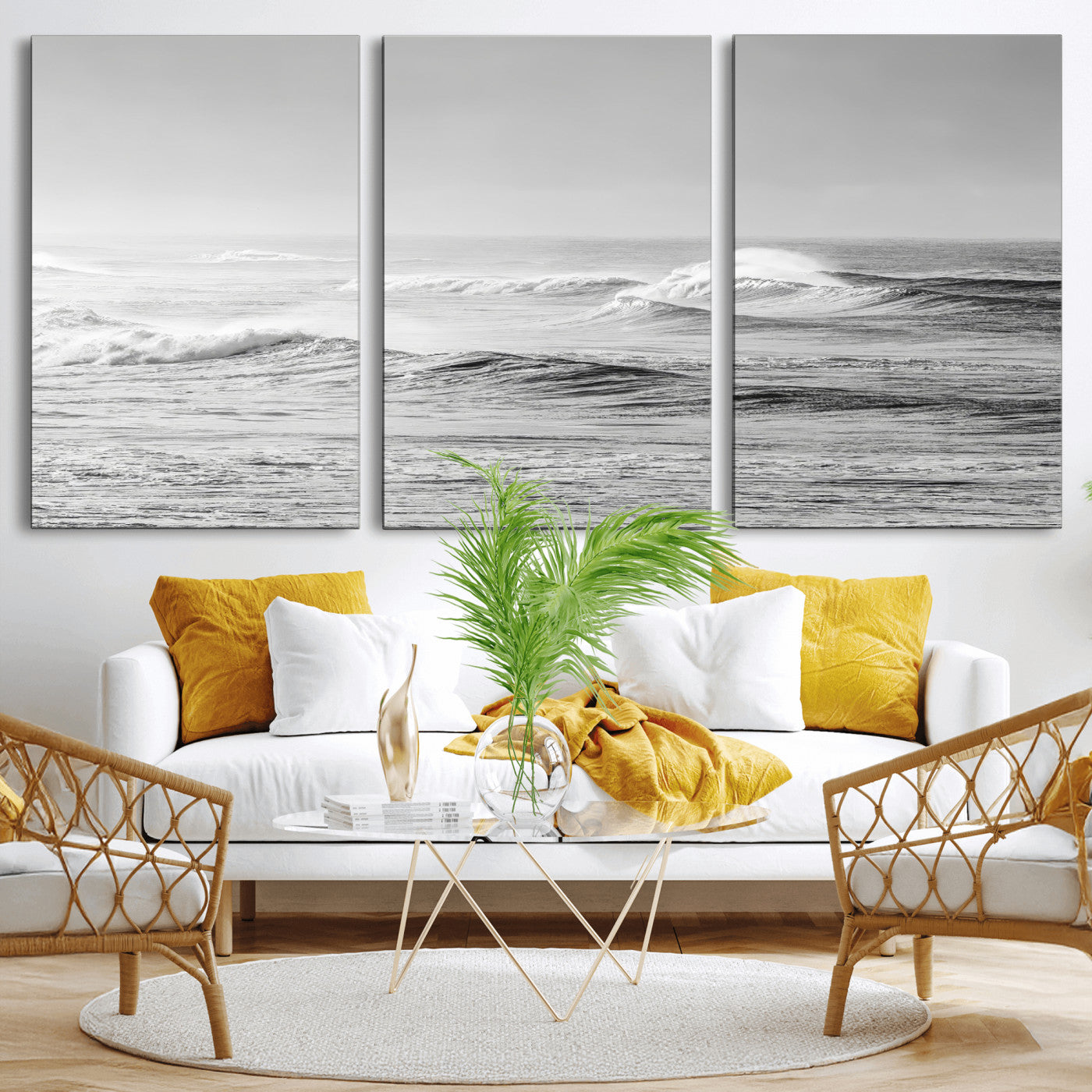 98634812-MGV-CV-36X24-Black and White Ocean Waves Wall Art – Minimalist Sea Canvas Print, Coastal Photography Decor for Living Room, Bedroom or Office