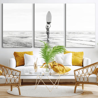 98446901-MGV-CV-36X24-Monochrome Surf Wall Art Canvas Print, Framed Minimalist Surfer Art Picture Print, Surfboard Silhouette Perfect Coastal Minimalist