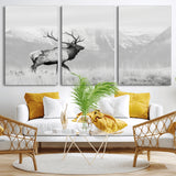 62278753-MGV-CV-36X24-Monochrome Elk Wall Art Canvas Print, Framed Mountain Wildlife Art Picture Print, Rustic Nature Perfect Rustic Minimalist Decor