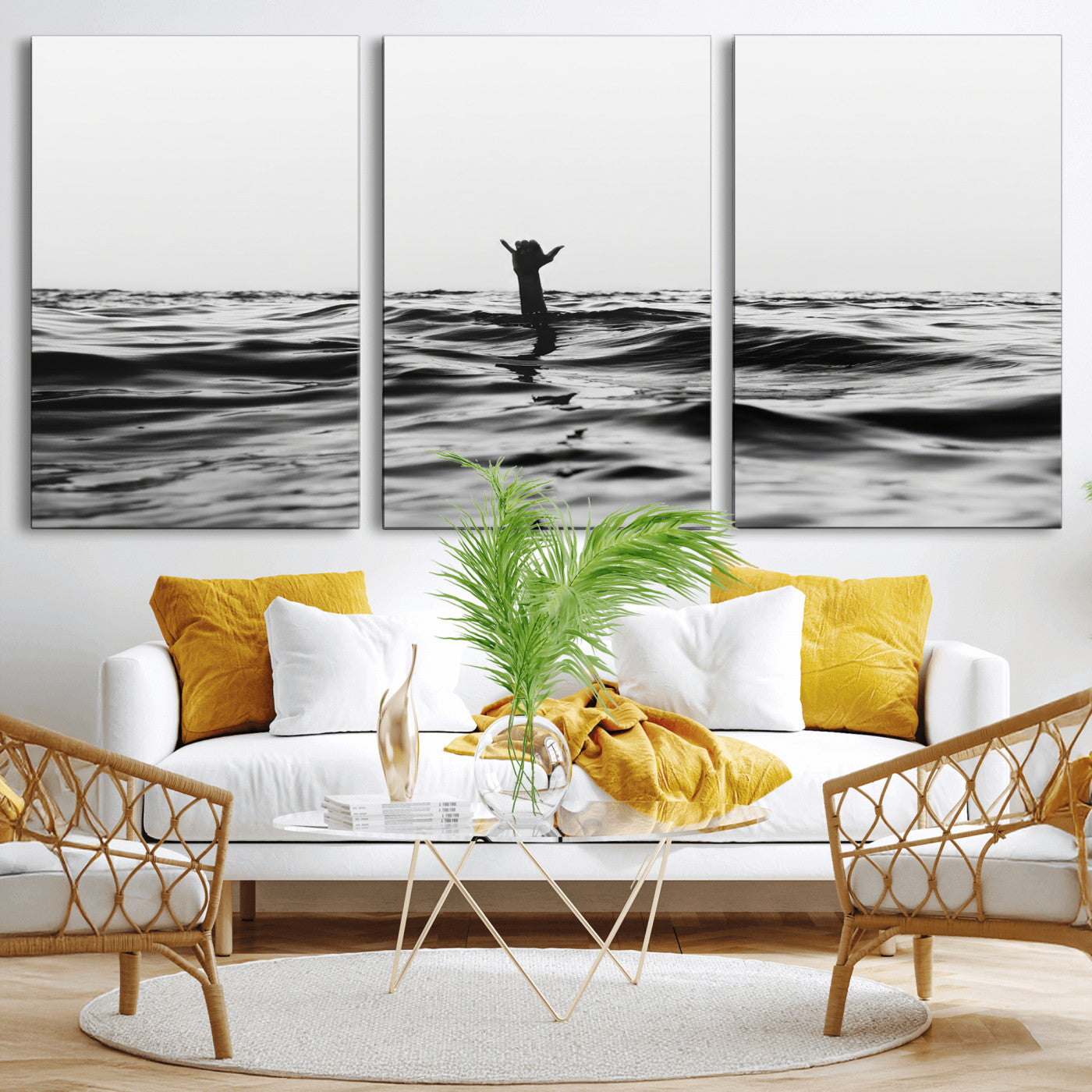 69541918-MGV-CV-36X24-Black White Ocean Wall Art Canvas Print, Framed Moody Seascape Art Picture Print, Surfer Sign Perfect Moody Minimalist Decor