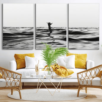 69541918-MGV-CV-36X24-Black White Ocean Wall Art Canvas Print, Framed Moody Seascape Art Picture Print, Surfer Sign Perfect Moody Minimalist Decor