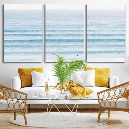 77145995-MGV-CV-36X24-Ocean Simplicity Wall Art Canvas Print, Framed Surfer on Water Art Picture Print, Light Blue Perfect Coastal Minimalist Decor