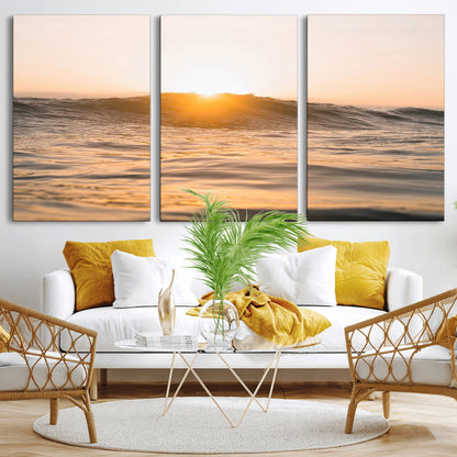 16973771-MGV-CV-36X24-Calm Water Wall Art Canvas Print, Framed Sunset Waves Art Picture Print, Coastal Warmth Perfect Warm Minimalist Decor Artwork