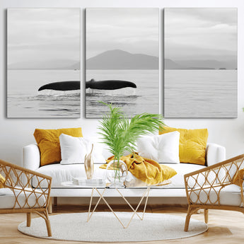 30524220-MGV-CV-36X24-Whale Tail Wall Art Canvas Print, Framed Black White Ocean Art Picture Print, Calm Marine Perfect Minimalist Coastal Decor Artwork