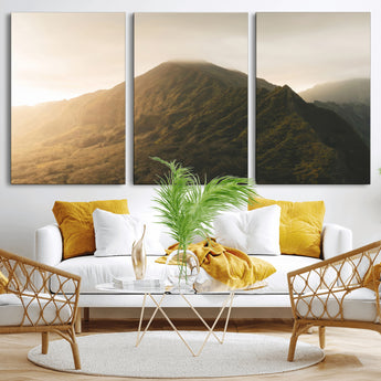 42338636-MGV-CV-36X24-Golden Mountain Wall Art Canvas Print, Framed Misty Summit Art Picture Print, Rugged Landscape Perfect Moody Wilderness Decor
