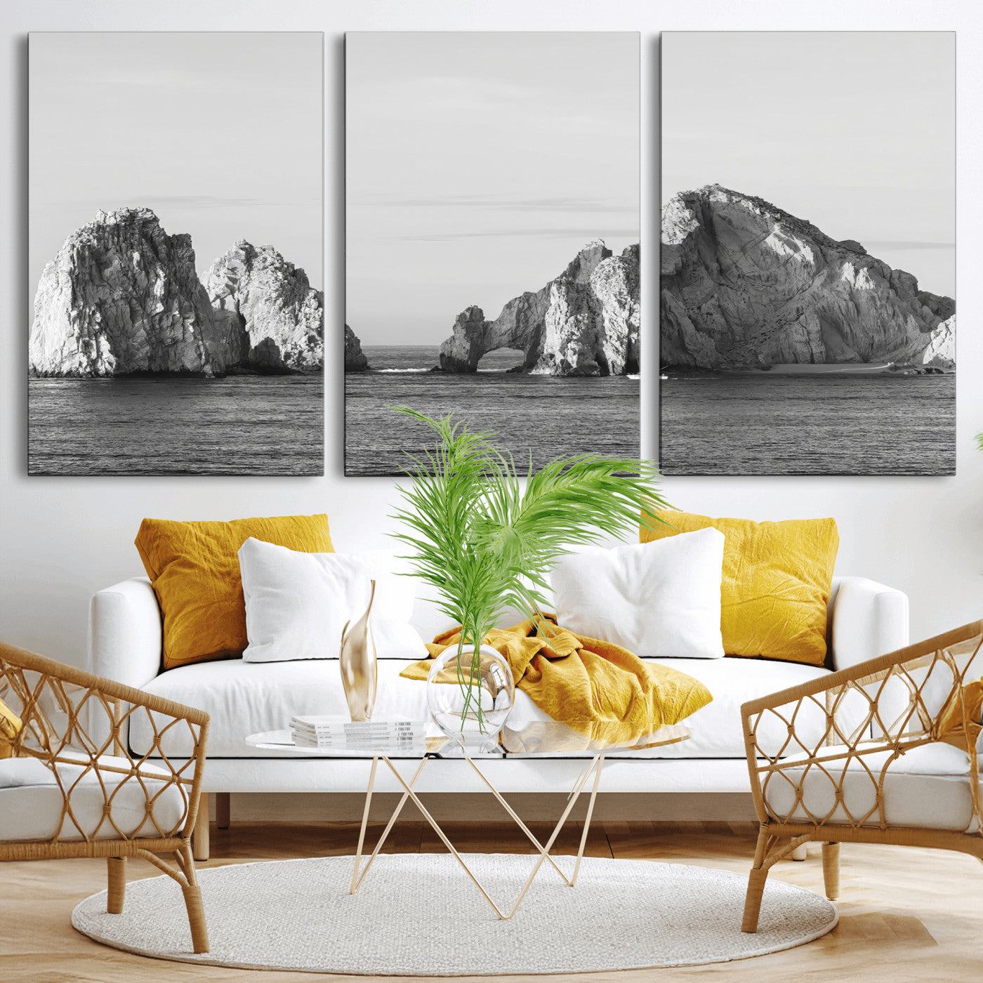18810731-MGV-CV-36X24-Rugged Coastline Wall Art Canvas Print, Framed Ocean Cliffs Art Picture Print, Monochrome Seascape Perfect Coastal Minimalist