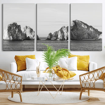 18810731-MGV-CV-36X24-Rugged Coastline Wall Art Canvas Print, Framed Ocean Cliffs Art Picture Print, Monochrome Seascape Perfect Coastal Minimalist