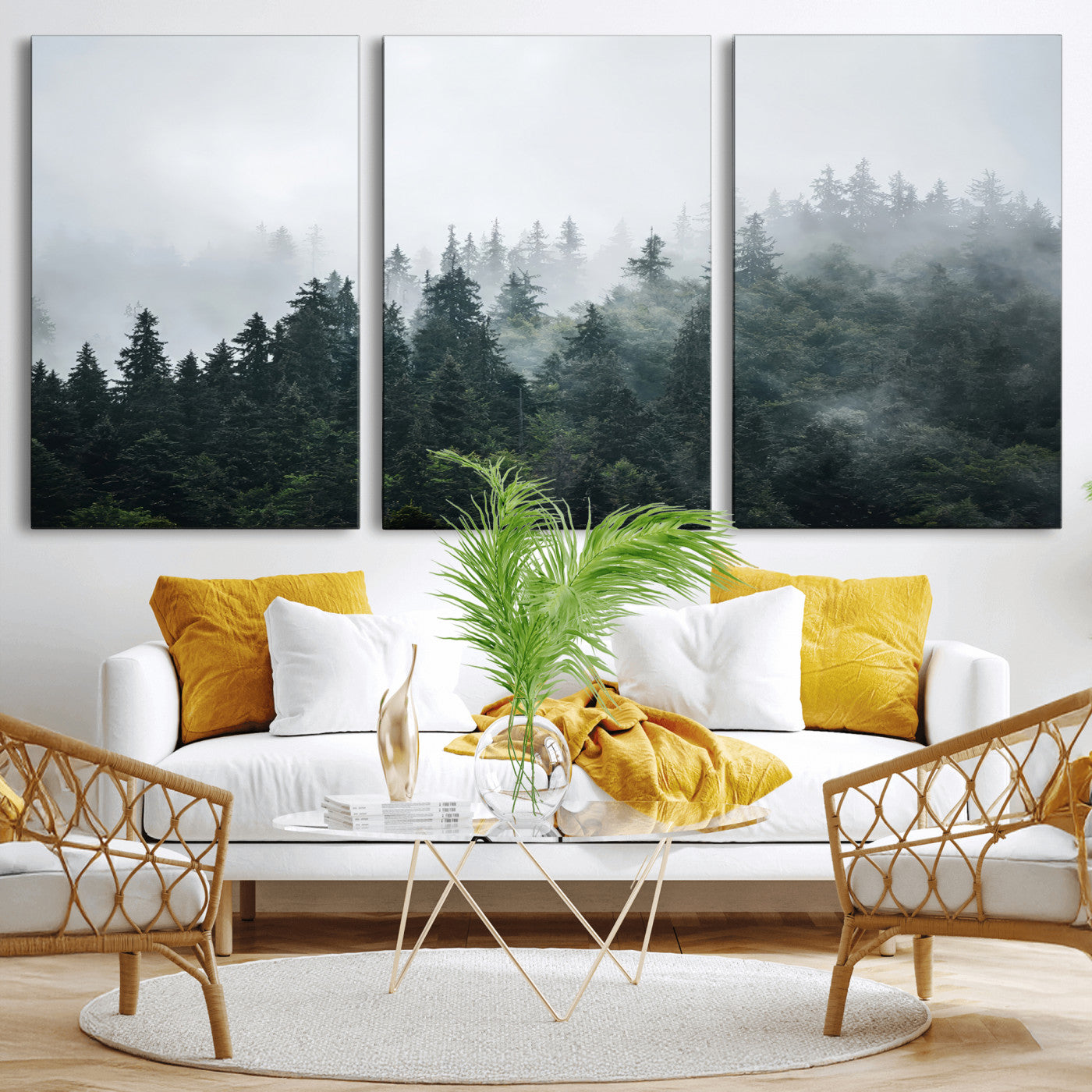84146572-MGV-CV-36X24-Foggy Pine Trees Wall Art Canvas Print, Framed Forest Nature Art Picture Print, Evergreen Forest Perfect Scandinavian Minimalist