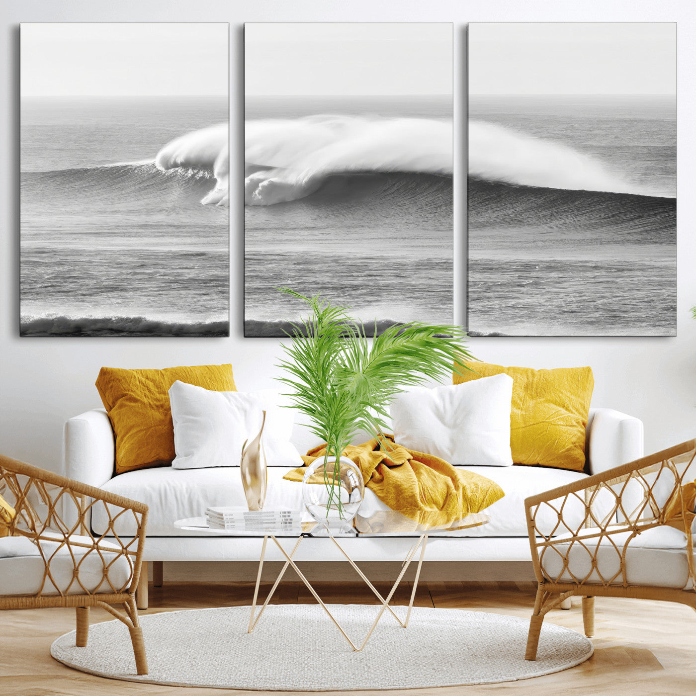 42544082-MGV-CV-36X24-Monochrome Seascape Wall Art Canvas Print, Framed Surf Wave Art Picture Print, Minimalist Ocean Perfect Moody Coastal Decor