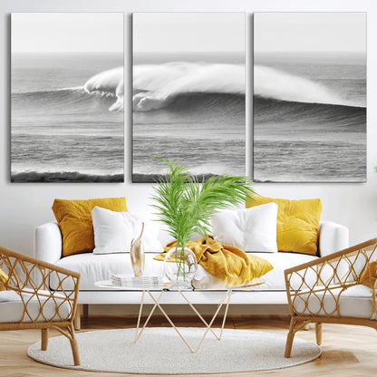 42544082-MGV-CV-36X24-Monochrome Seascape Wall Art Canvas Print, Framed Surf Wave Art Picture Print, Minimalist Ocean Perfect Moody Coastal Decor
