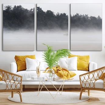 59703275-MGV-CV-36X24-Surfer in Fog Wall Art Canvas Print, Framed Foggy Beach Art Picture Print, Coastal Surf Perfect Moody Coastal Decor Artwork