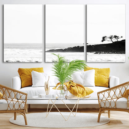 40875891-MGV-CV-36X24-SurferCliffs Wall Art Canvas Print, Framed Black White Beach Art Picture Print, Ocean Waves Perfect Minimalist Coastal Decor