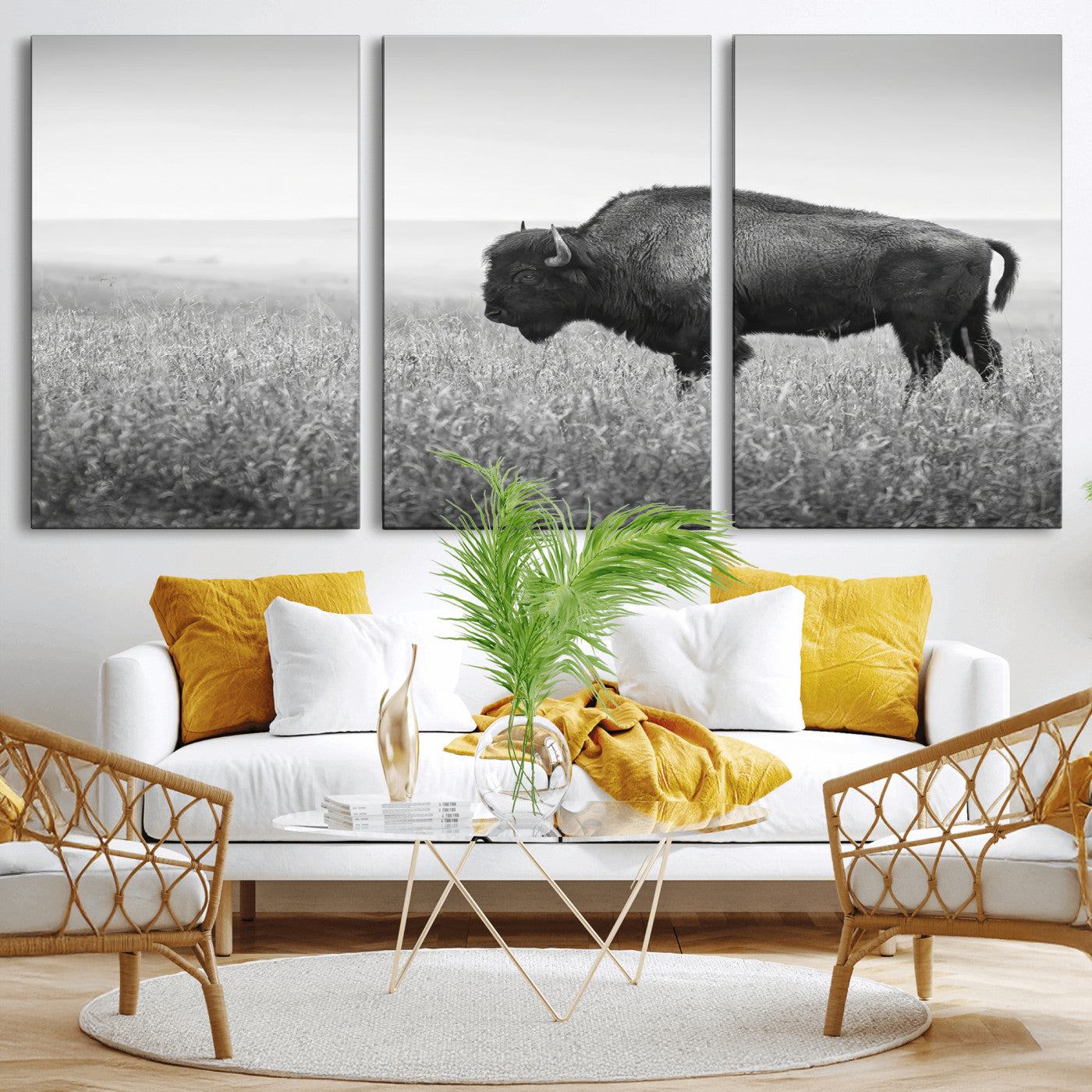 28435251-MGV-CV-36X24-Bison In Prairie Wall Art Canvas Print, Framed Rustic Wildlife Art Picture Print, Wild Buffalo Perfect Rustic Western Decor