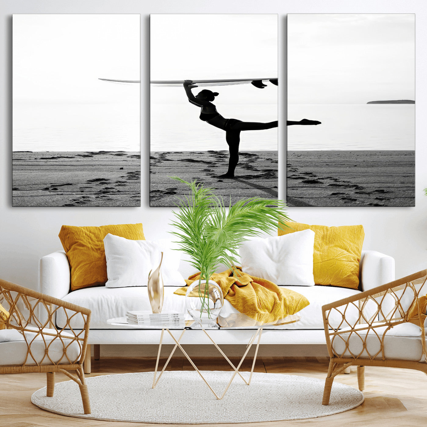 28441356-MGV-CV-36X24-Yoga Surf Wall Art Canvas Print, Framed Black White Shore Art Picture Print, Peaceful Ocean Perfect Minimalist Coastal Decor