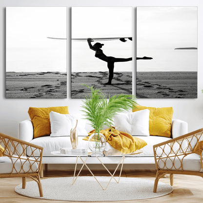 28441356-MGV-CV-36X24-Yoga Surf Wall Art Canvas Print, Framed Black White Shore Art Picture Print, Peaceful Ocean Perfect Minimalist Coastal Decor
