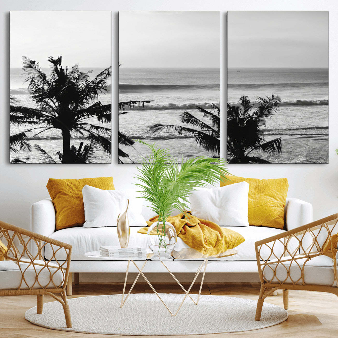 17508038-MGV-CV-36X24-Tropical Coastline Wall Art Canvas Print, Framed Palm Trees Art Picture Print, Ocean Waves Perfect Minimalist Coastal Decor