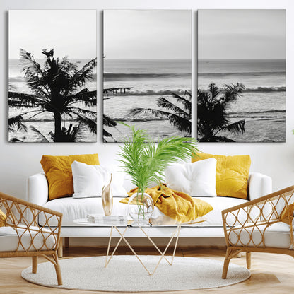17508038-MGV-CV-36X24-Tropical Coastline Wall Art Canvas Print, Framed Palm Trees Art Picture Print, Ocean Waves Perfect Minimalist Coastal Decor