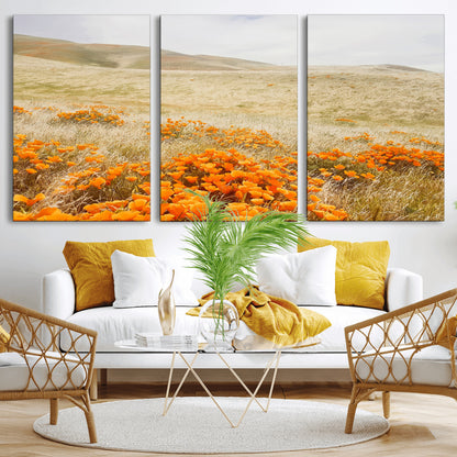 28972262-MGV-CV-36X24-Golden Wildflowers Wall Art Canvas Print, Framed Hills Bloom Art Picture Print, Poppy Meadow Perfect Rustic Nature Decor Artwork