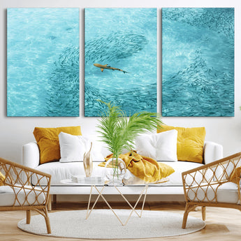 43671474-MGV-CV-60X30-3P-Fish Swarm Wall Art Canvas Print, Framed Marine Life Art Picture Print, Shark Aerial Perfect Wildlife Coastal Decor Artwork