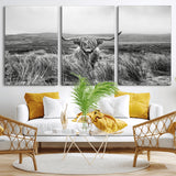 24051061-MGV-CV-36X24-Monochrome Highland Cow Wall Art Canvas Print, Framed Scottish Bull Art Picture Print, Lone Cattle Perfect Rustic Farmhouse Decor