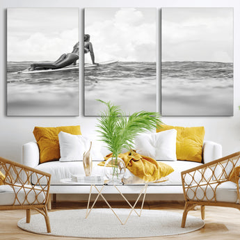 69798068-MGV-CV-36X24-Black White Surfing Wall Art Canvas Print, Framed Ocean Horizon Art Picture Print, Surfer Girl Perfect Coastal Adventure Decor