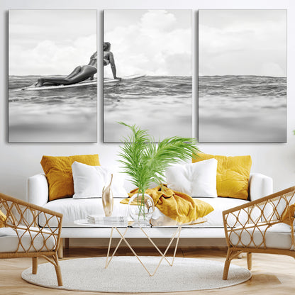 69798068-MGV-CV-36X24-Black White Surfing Wall Art Canvas Print, Framed Ocean Horizon Art Picture Print, Surfer Girl Perfect Coastal Adventure Decor