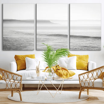 60635783-MGV-CV-36X24-Black White Seascape Wall Art Canvas Print, Framed Ocean Waves Art Picture Print, Misty Coastal Perfect Minimalist Coastal Decor