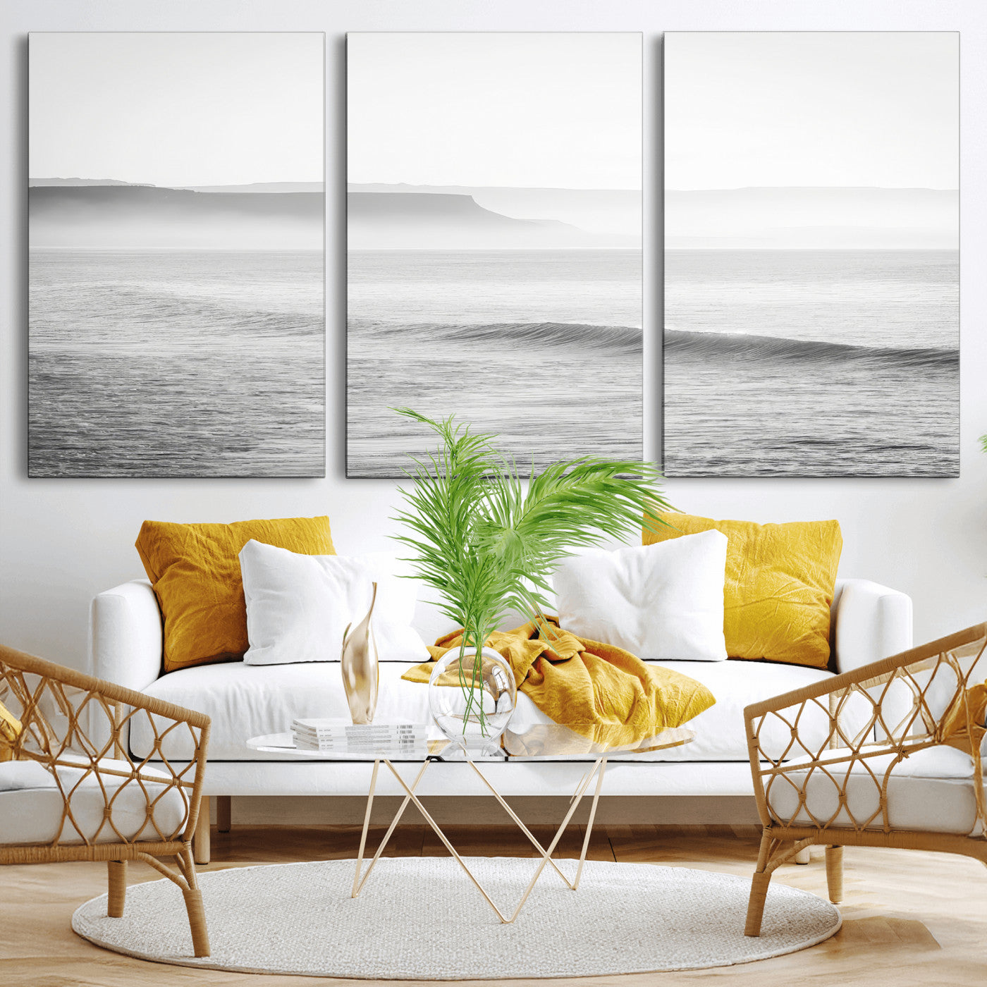 60635783-MGV-CV-36X24-Black White Seascape Wall Art Canvas Print, Framed Ocean Waves Art Picture Print, Misty Coastal Perfect Minimalist Coastal Decor