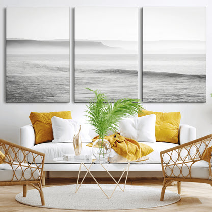 60635783-MGV-CV-36X24-Black White Seascape Wall Art Canvas Print, Framed Ocean Waves Art Picture Print, Misty Coastal Perfect Minimalist Coastal Decor