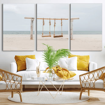 68327283-MGV-CV-36X24-Beach Swing Wall Art Canvas Print, Framed Quiet Beach Art Picture Print, Calm Shoreline Perfect Bohemian Coastal Decor Artwork