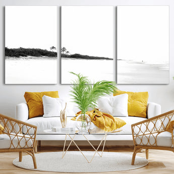 29611516-MGV-CV-36X24-Black White Beach Wall Art Canvas Print, Framed Palm Trees Art Picture Print, Monochrome Tropical Perfect Minimalist Coastal Decor