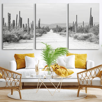 35537313-MGV-CV-36X24-Monochrome Desert Wall Art Canvas Print, Framed Cactus Path Art Picture Print, Southwestern Landscape Perfect Southwestern