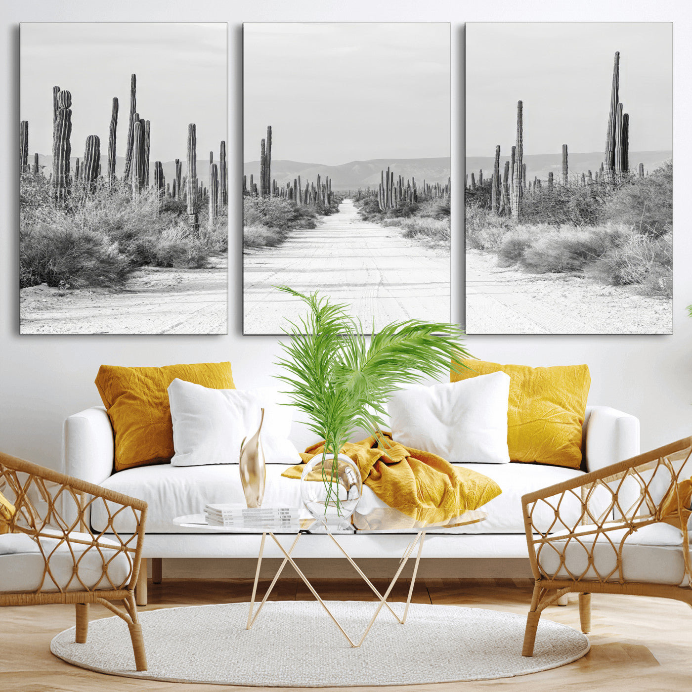 35537313-MGV-CV-36X24-Monochrome Desert Wall Art Canvas Print, Framed Cactus Path Art Picture Print, Southwestern Landscape Perfect Southwestern