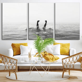 26667396-MGV-CV-36X24-Black White Ocean Wall Art Canvas Print, Framed Monochrome Water Art Picture Print, Diving into Water Perfect Minimalist Aquatic