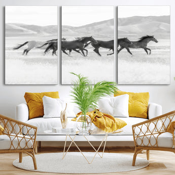 69934913-MGV-CV-36X24-Wild Horses Running Wall Art Canvas Print, Framed Black White Mustangs Art Picture Print, Rustic Western Perfect Rustic Western