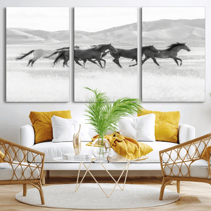 69934913-MGV-CV-36X24-Wild Horses Running Wall Art Canvas Print, Framed Black White Mustangs Art Picture Print, Rustic Western Perfect Rustic Western